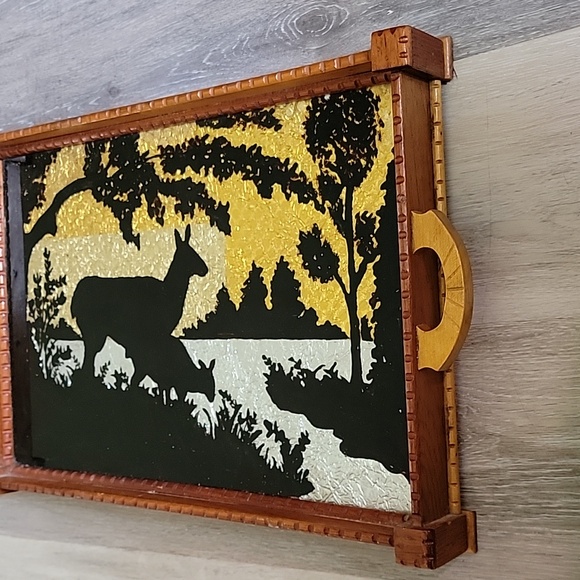 Vintage Serving Tray with Deer Silhouette - Beautiful Art Deco Design with Wood - Picture 7 of 15